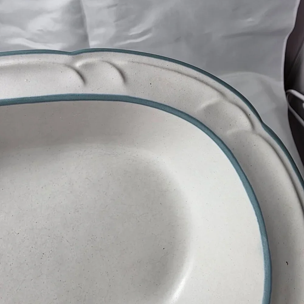 Country Ware Ashberry 10 Inch Oval Serving Bowl White with Blue Scalloped Edge